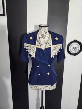 Dark Romance Navy Lace Blazer Top Gothic Coquette Vintage Victorian Style